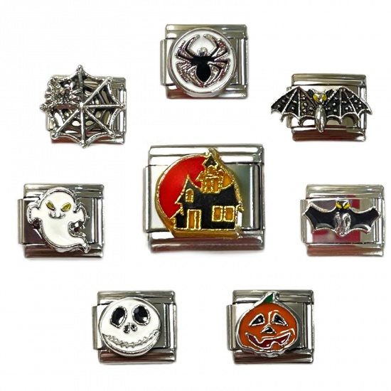 Picture of Stainless Steel Halloween Italian Charm Links For DIY Bracelet Jewelry Making Silver Tone Rectangle 10mm x 9mm