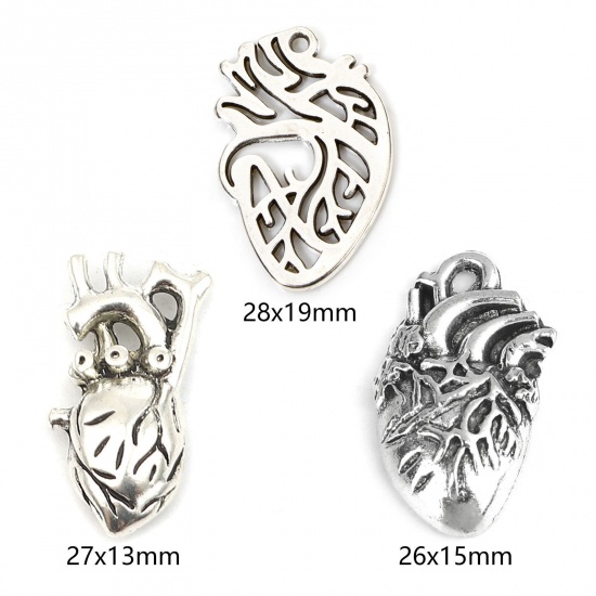 Immagine di 20 Pz Lega di Zinco Anatomy Jewerly Ciondoli Argento Antico Cuore Filigrana