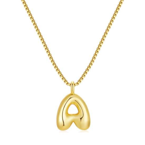 Immagine di Lettera Maiuscola Messaggio " A-Z " Collana con Ciondolo All'Ingrosso, 18K Vero Oro Placcato Ottone Catena a Casella, Donne PVD Ecologica Impermeabile Anti-Ossidante Ipoallergenico Squisito Elegante Regalo Gioielli Per Rivenditore, 40cm + 5cm Lunghezza, 1 Pz