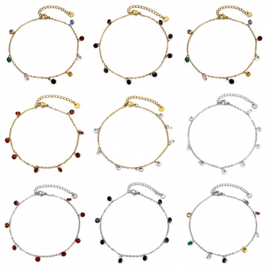 Picture of 304 Stainless Steel Link Cable Chain Anklet Multicolor Rhinestone 22cm(8.7") long