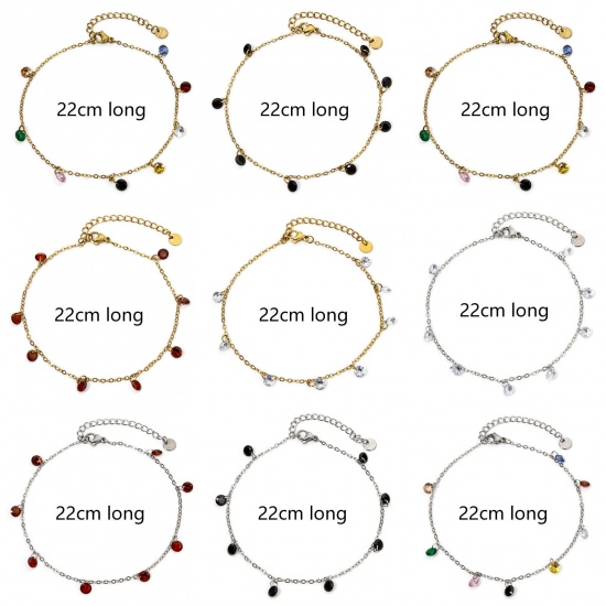 Picture of 304 Stainless Steel Link Cable Chain Anklet Multicolor Rhinestone 22cm(8.7") long