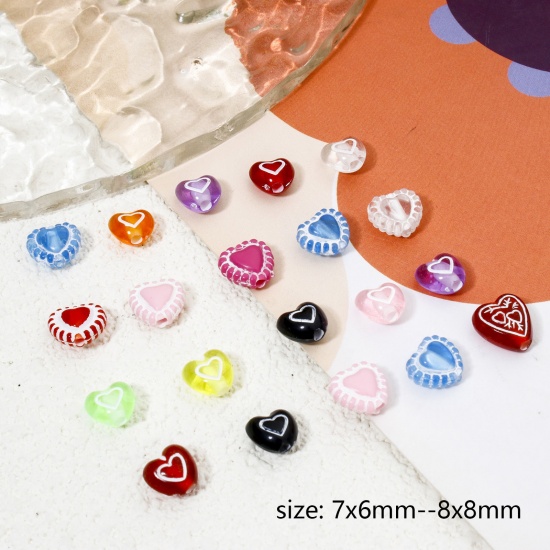 Picture of Acrylic Valentine's Day Beads For DIY Jewelry Making Multicolor Opaque Heart About 7mm x 6mm, Hole: Approx 1.2mm