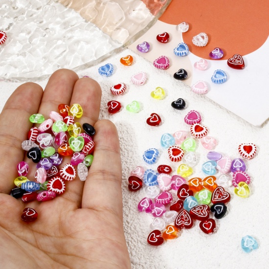 Picture of Acrylic Valentine's Day Beads For DIY Jewelry Making Multicolor Opaque Heart About 7mm x 6mm, Hole: Approx 1.2mm