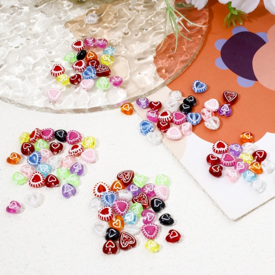 Picture of Acrylic Valentine's Day Beads For DIY Jewelry Making Multicolor Opaque Heart About 7mm x 6mm, Hole: Approx 1.2mm