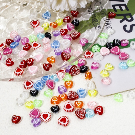 Picture of Acrylic Valentine's Day Beads For DIY Jewelry Making Multicolor Opaque Heart About 7mm x 6mm, Hole: Approx 1.2mm