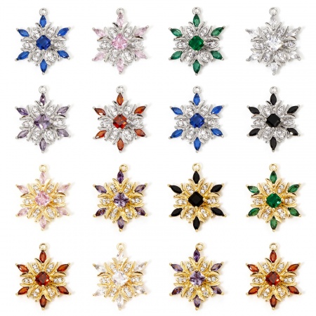 Eco-friendly Brass Christmas Charms Real Gold Plated Christmas Snowflake Clear Cubic Zirconia Multicolor Rhinestone 20.5mm x 16mm