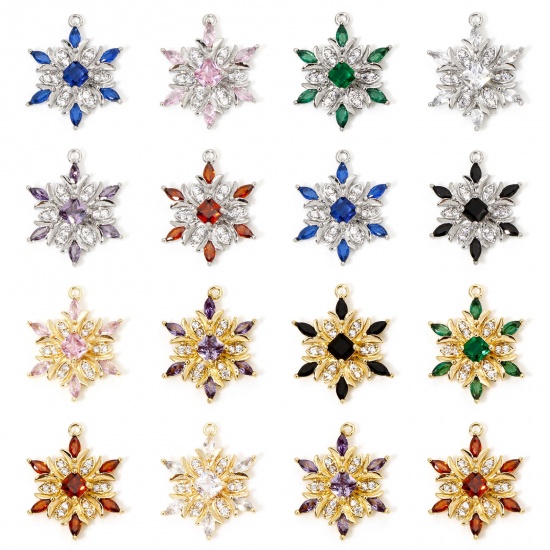 Picture of Eco-friendly Brass Christmas Charms Real Gold Plated Christmas Snowflake Clear Cubic Zirconia Multicolor Rhinestone 20.5mm x 16mm