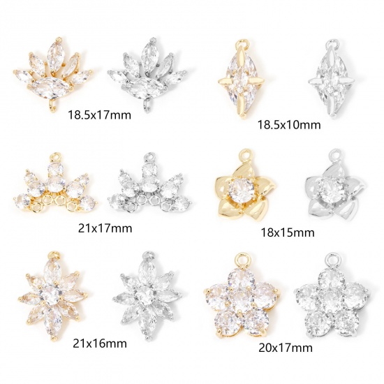 Picture of Eco-friendly Brass Charms Real Gold Plated Flower Clear Rhinestone