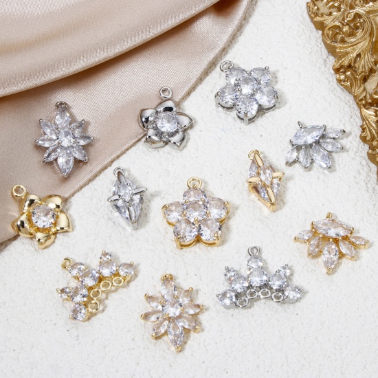 Picture of Eco-friendly Brass Charms Real Gold Plated Flower Clear Rhinestone