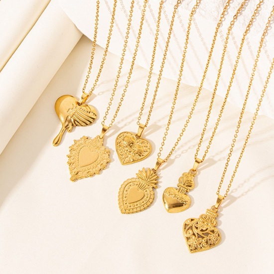 Picture of Wholesale Ex Voto Heart Pendant Charm Necklace, 304 Stainless Steel Link Cable Chain, Women's Vacuum Plating Stylish Gift Jewelry For Retailer, 40cm(15.7") long, 1 Piece