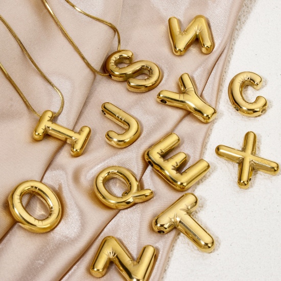 Imagen de 2 Unidades Enchapado al Vacío Ecológico 304 Acero Inoxidable Colgantes Chapado en Oro de 18K Letra Mayúscula Mensaje " A-Z "