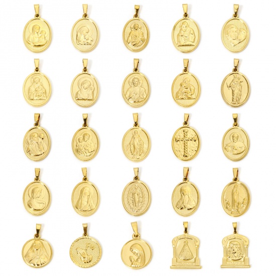 Image de 2 Pcs Pendentif Breloque en 304 Acier Inoxydable Placage sous Vide Religieux Plaqué Or 18K Sainte Vierge Marie 3cm x 1.6cm