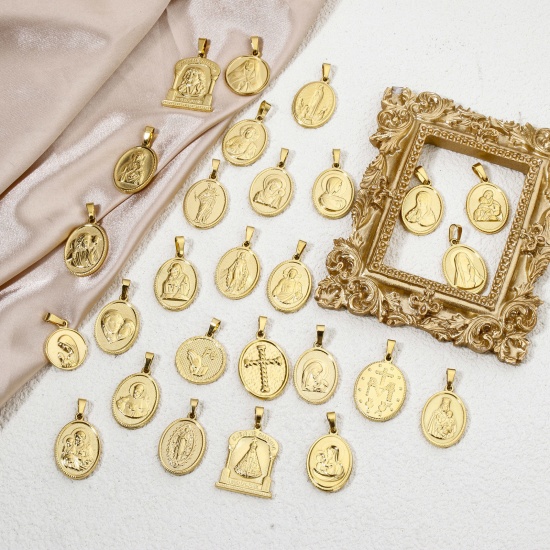 Image de 2 Pcs Pendentif Breloque en 304 Acier Inoxydable Placage sous Vide Religieux Plaqué Or 18K Sainte Vierge Marie 3cm x 1.6cm