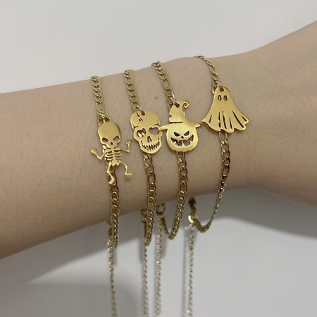 Vacuum Plating Simple & Casual Cute 304 Stainless Steel Figaro Chain Halloween Pumpkin Skull Hollow Charm Bracelets Unisex Halloween