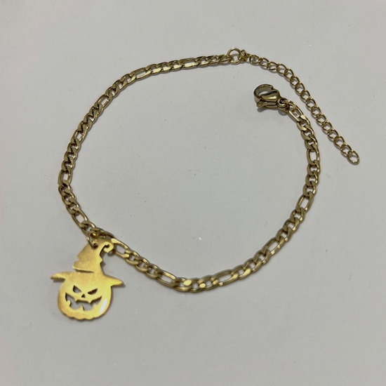 Picture of Vacuum Plating Simple & Casual Cute 304 Stainless Steel Figaro Chain Halloween Pumpkin Skull Hollow Charm Bracelets Unisex Halloween