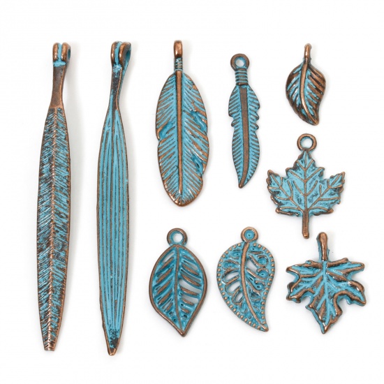 Picture of Zinc Based Alloy Patina Charms Antique Copper Blue Leaf Feather