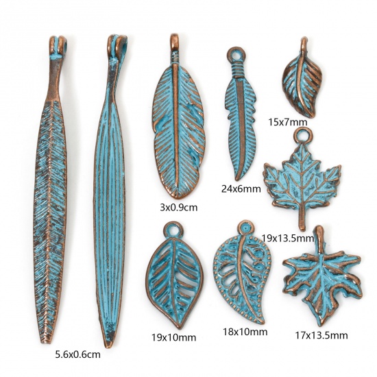 Picture of Zinc Based Alloy Patina Charms Antique Copper Blue Leaf Feather