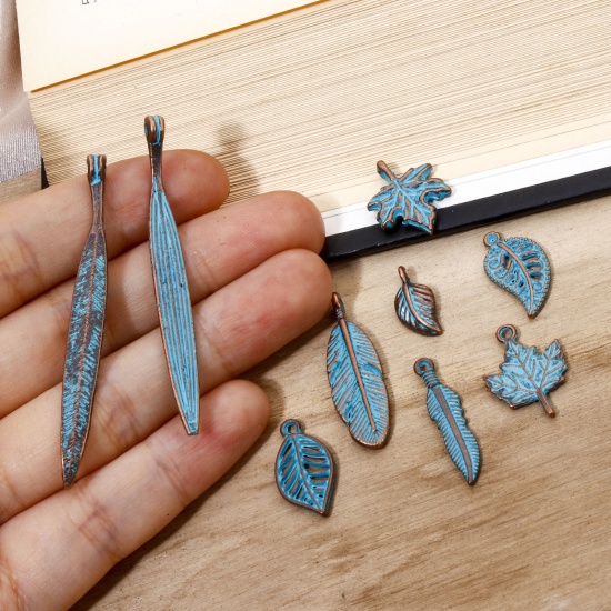 Picture of Zinc Based Alloy Patina Charms Antique Copper Blue Leaf Feather