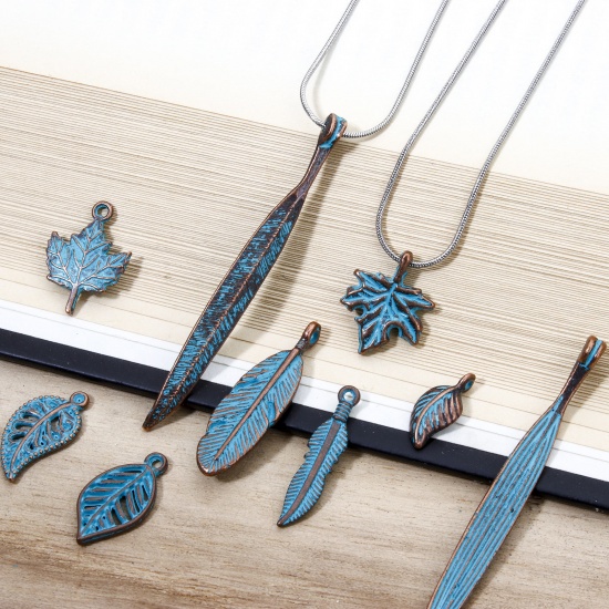 Picture of Zinc Based Alloy Patina Charms Antique Copper Blue Leaf Feather