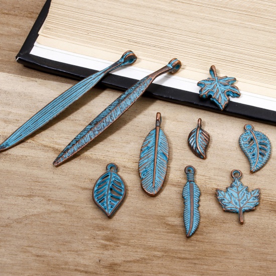 Picture of Zinc Based Alloy Patina Charms Antique Copper Blue Leaf Feather