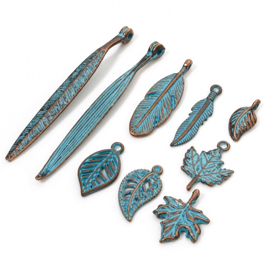 Picture of Zinc Based Alloy Patina Charms Antique Copper Blue Leaf Feather