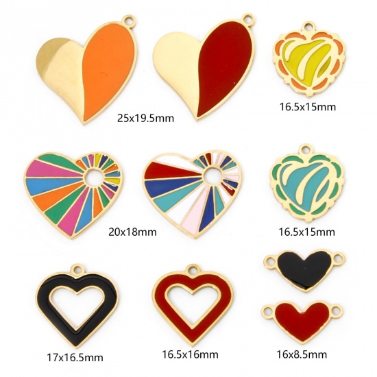 Image de 2 Pcs Breloques en 304 Acier Inoxydable Placage sous Vide La Saint Valentin Cœur Doré Multicolore Émail