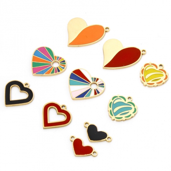 Image de 2 Pcs Breloques en 304 Acier Inoxydable Placage sous Vide La Saint Valentin Cœur Doré Multicolore Émail