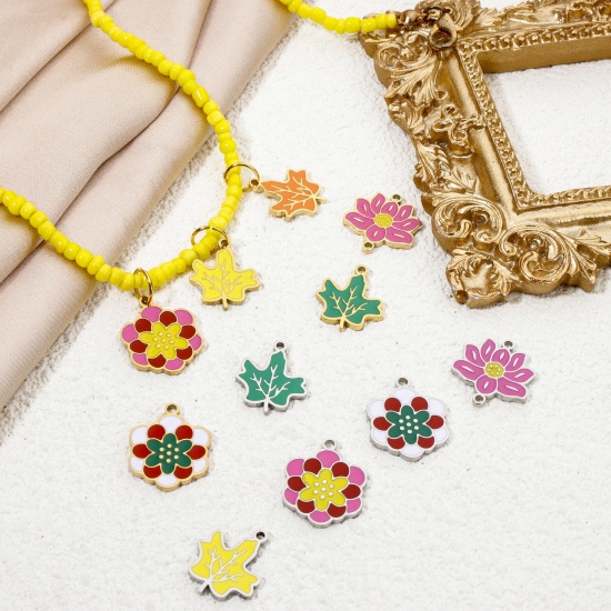 Immagine di 2 Pz Ecologico 304 Acciaio Inossidabile Stile Pastorale Ciondoli Foglia d'Acero Multicolore Fiore Smalto