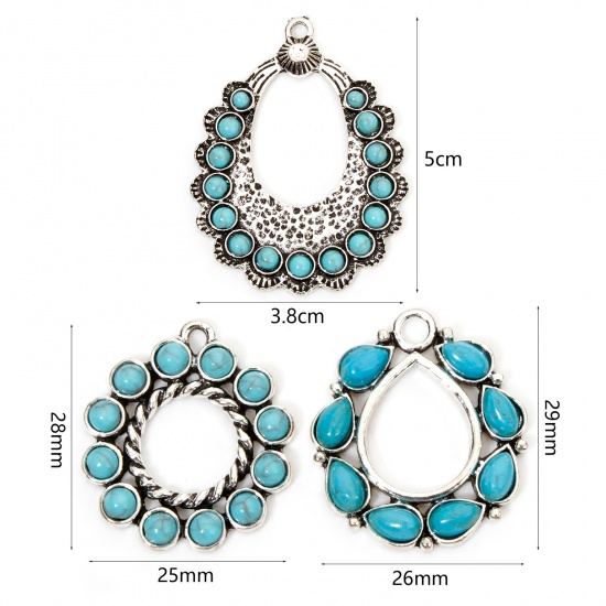 Picture of Zinc Based Alloy Boho Chic Bohemia Charms Antique Silver Color Round Oval With Resin Cabochons Imitation Turquoise