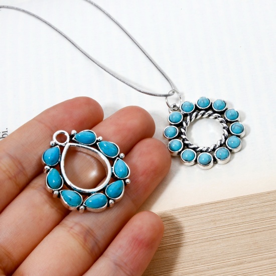 Picture of Zinc Based Alloy Boho Chic Bohemia Charms Antique Silver Color Round Oval With Resin Cabochons Imitation Turquoise