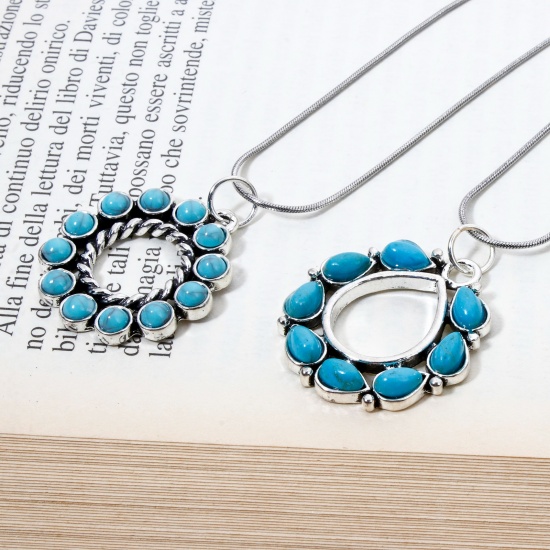 Picture of Zinc Based Alloy Boho Chic Bohemia Charms Antique Silver Color Round Oval With Resin Cabochons Imitation Turquoise