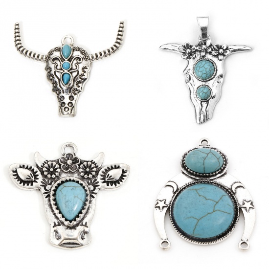 Picture of Zinc Based Alloy Boho Chic Bohemia Pendants Antique Silver Color Bull Head/ Cow Head Crescent Moon Double Horn With Resin Cabochons Imitation Turquoise