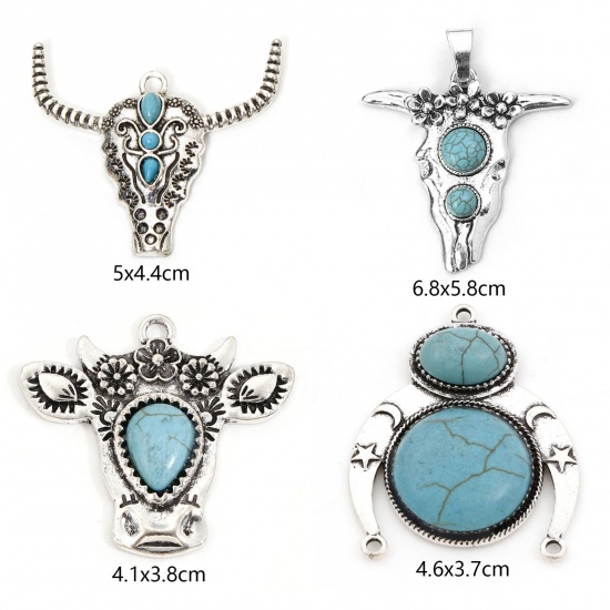 Picture of Zinc Based Alloy Boho Chic Bohemia Pendants Antique Silver Color Bull Head/ Cow Head Crescent Moon Double Horn With Resin Cabochons Imitation Turquoise