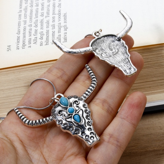 Picture of Zinc Based Alloy Boho Chic Bohemia Pendants Antique Silver Color Bull Head/ Cow Head Crescent Moon Double Horn With Resin Cabochons Imitation Turquoise