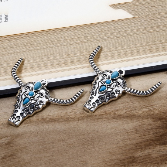 Picture of Zinc Based Alloy Boho Chic Bohemia Pendants Antique Silver Color Bull Head/ Cow Head Crescent Moon Double Horn With Resin Cabochons Imitation Turquoise