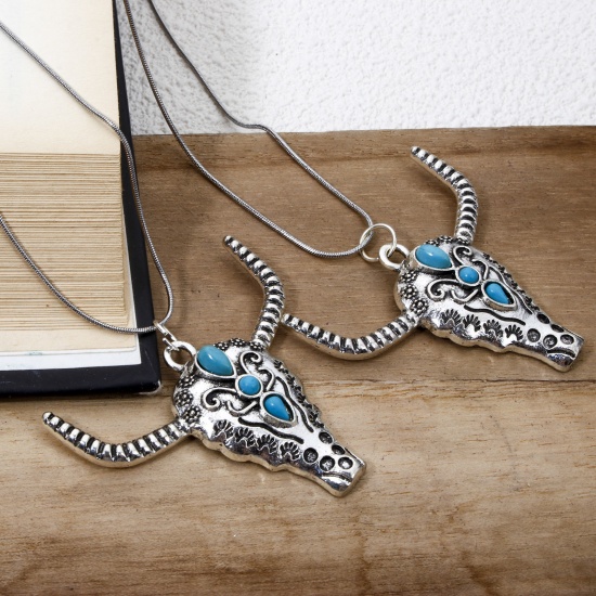 Picture of Zinc Based Alloy Boho Chic Bohemia Pendants Antique Silver Color Bull Head/ Cow Head Crescent Moon Double Horn With Resin Cabochons Imitation Turquoise