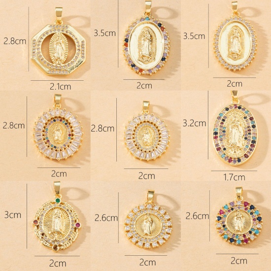 Picture of Brass Religious Pendants 18K Gold Plated Virgin Mary Micro Pave Clear Cubic Zirconia