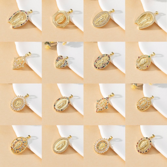 Picture of Brass Religious Pendants 18K Gold Plated Virgin Mary Micro Pave Clear Cubic Zirconia