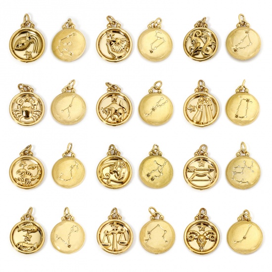 Bild von 2 Stück Vakuumbeschichtung 304 Edelstahl Retro Charms Rund Vergoldet Sternbild