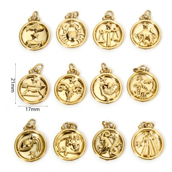 Bild von 2 Stück Vakuumbeschichtung 304 Edelstahl Retro Charms Rund Vergoldet Sternbild
