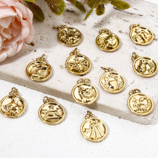 Bild von 2 Stück Vakuumbeschichtung 304 Edelstahl Retro Charms Rund Vergoldet Sternbild
