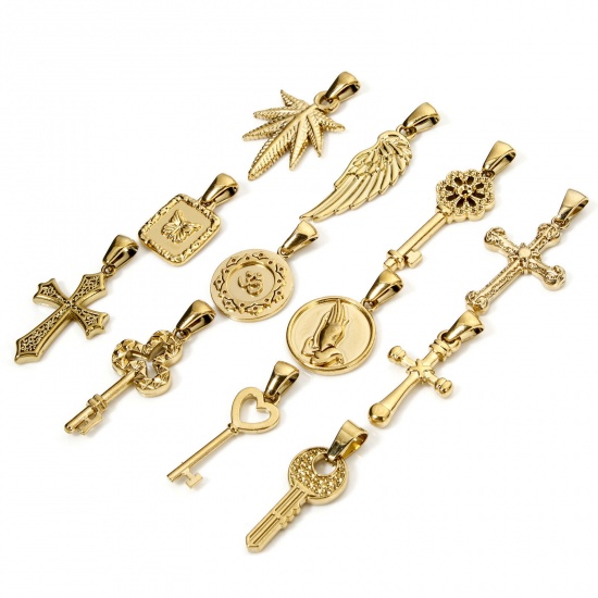 Picture of Vacuum Plating 304 Stainless Steel Retro Charm Pendant Gold Plated Key Cross