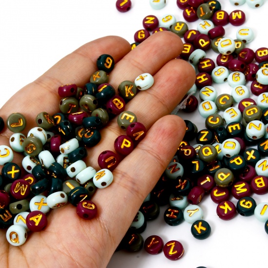 Picture of Acrylic Beads For DIY Jewelry Making Multicolor Round At Random Mixed Message " A-Z " Enamel About 7mm Dia., Hole: Approx 1.5mm