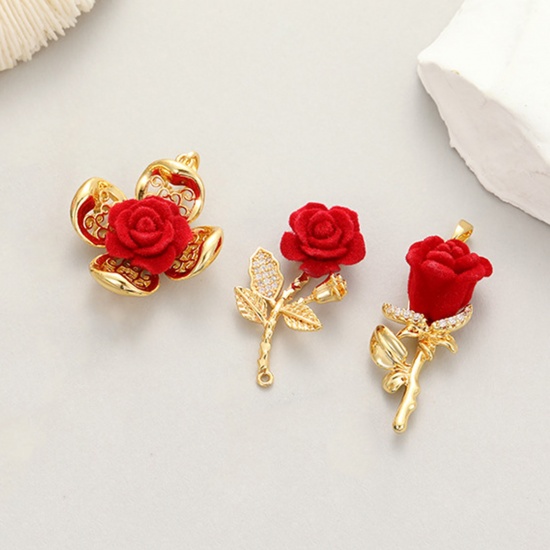 Picture of Brass Flocking Valentine's Day Pendants 14K Gold Plated Rose Flower 3D