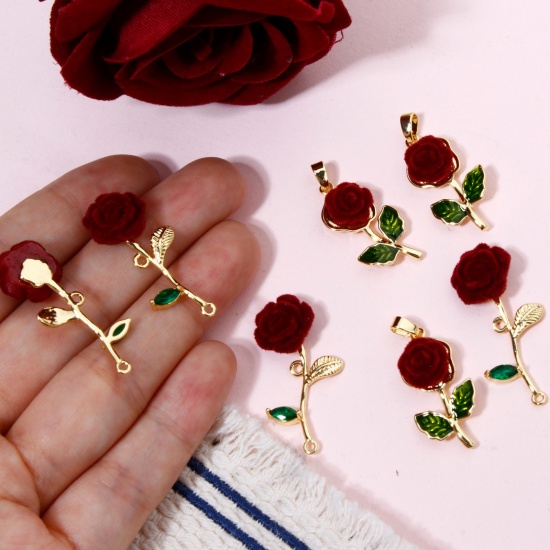 Picture of Brass Flocking Valentine's Day Pendants 14K Gold Plated Rose Flower 3D