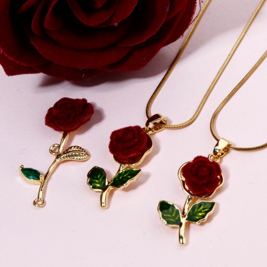 Picture of Brass Flocking Valentine's Day Pendants 14K Gold Plated Rose Flower 3D