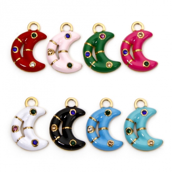 Immagine di 2 Pz Placcatura Sottovuoto 304 Acciaio Inossidabile Galassia Ciondoli Luna Oro Placcato Frittella Dolce Smalto Multicolore Strass