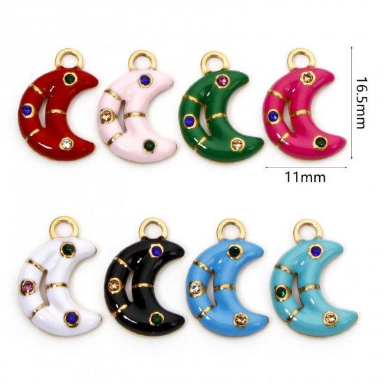 Immagine di 2 Pz Placcatura Sottovuoto 304 Acciaio Inossidabile Galassia Ciondoli Luna Oro Placcato Frittella Dolce Smalto Multicolore Strass
