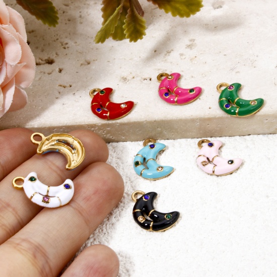 Immagine di 2 Pz Placcatura Sottovuoto 304 Acciaio Inossidabile Galassia Ciondoli Luna Oro Placcato Frittella Dolce Smalto Multicolore Strass