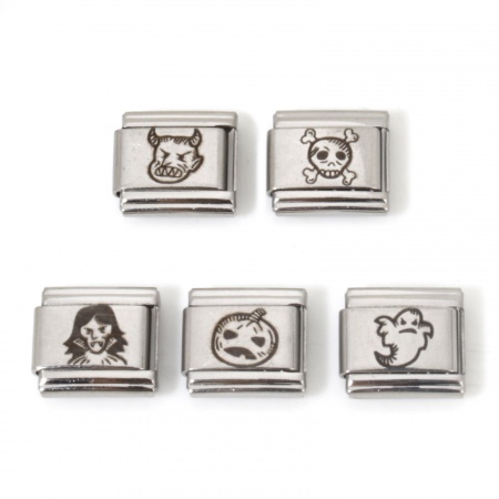 Stainless Steel Halloween Italian Charm Links For DIY Bracelet Jewelry Making Silver Tone Rectangle 10mm x 9mm